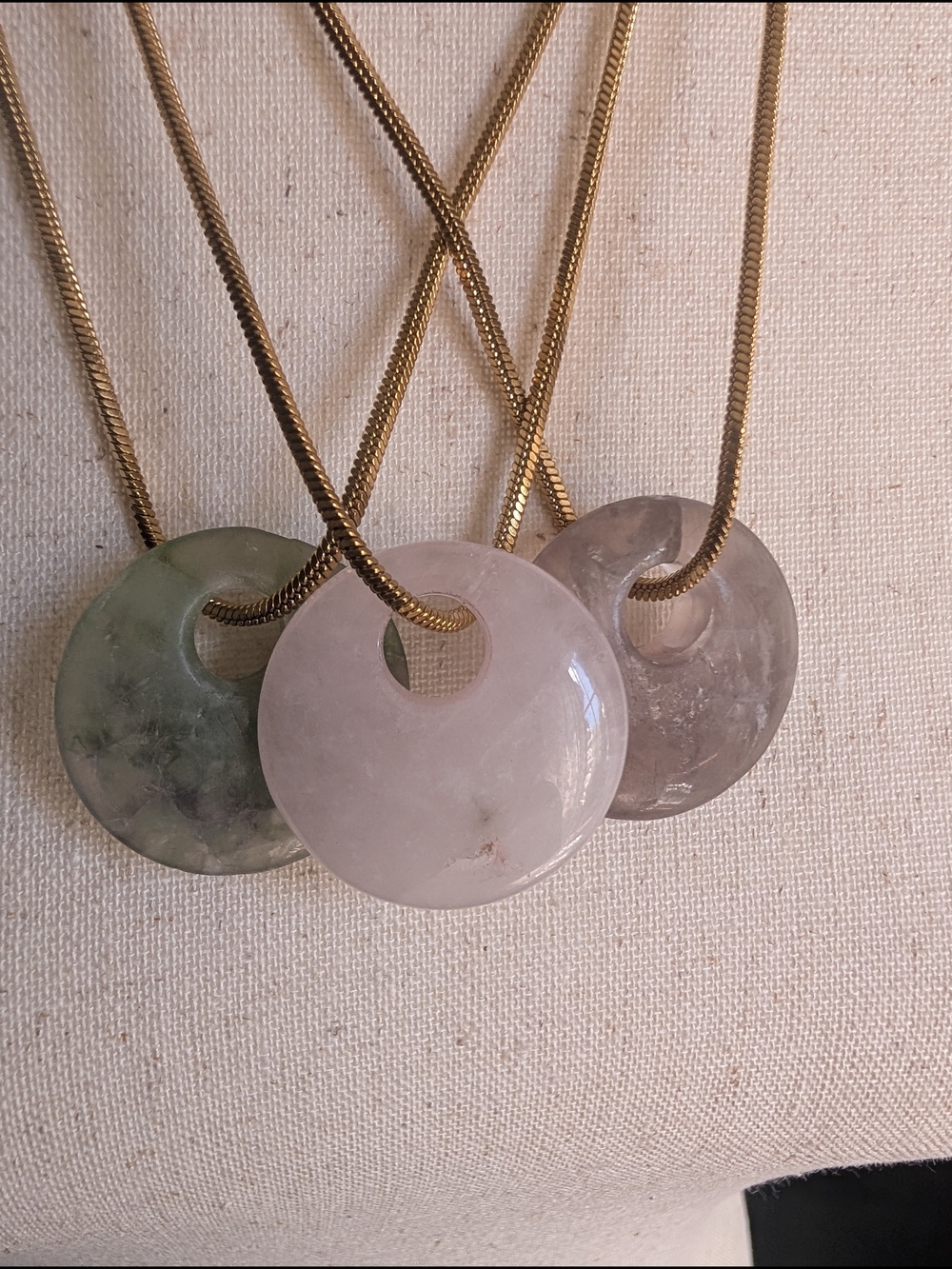 Gold Chain Three-Stone Quartz Pendant Necklaces - Pink, Green, Gray - Picture 2 of 14